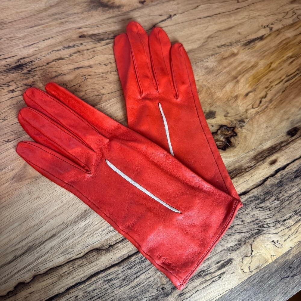 Loewe Vermillion Red Orange Sheepskin Leather Gloves Sz 6.5 Authentic CoA‎